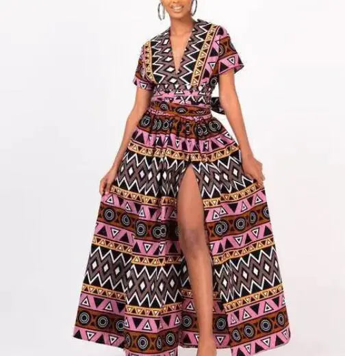 V-neck Short Sleeve Maxi Dress with Print