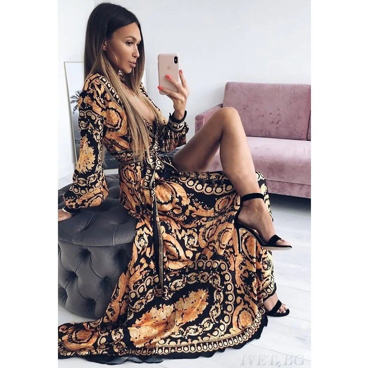 Vintage Floral V-Neck Long Sleeve Maxi Dress