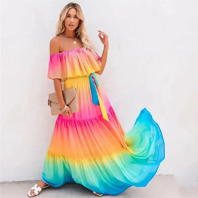 Multicolored Bohemian Ruffled Off Shoulder