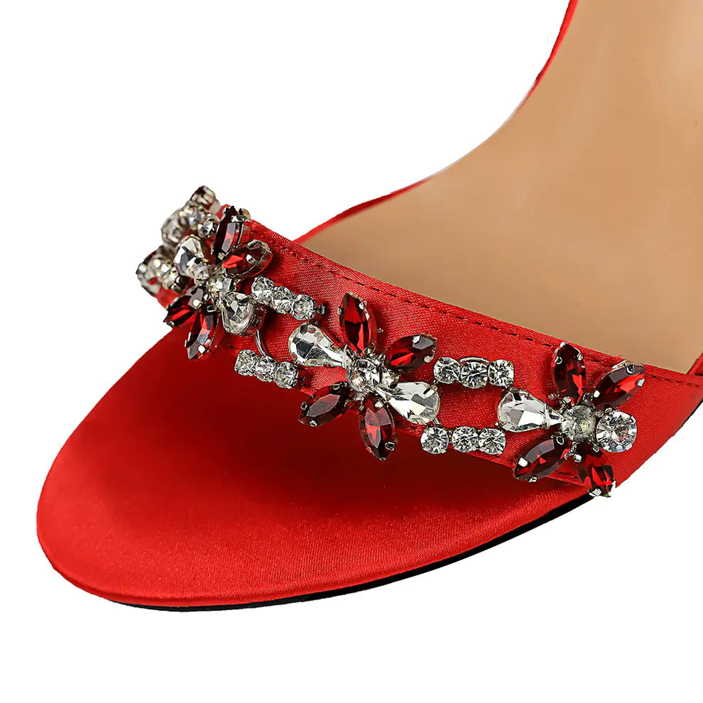 High Heel Satin Open Toe Rhinestone Shoes