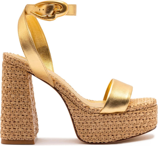 Dolly Verona Sandal In Gold Metallic Leather And Natural Raffia