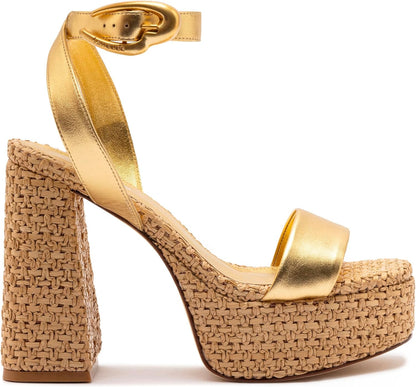 Dolly Verona Sandal In Gold Metallic Leather And Natural Raffia