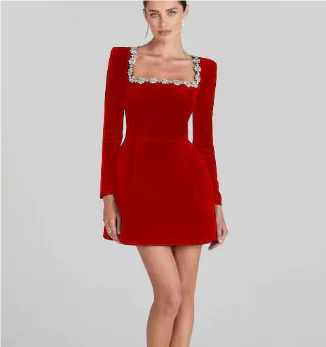 Chloe™ Elegant Long Sleeve Dress with Rhinestones