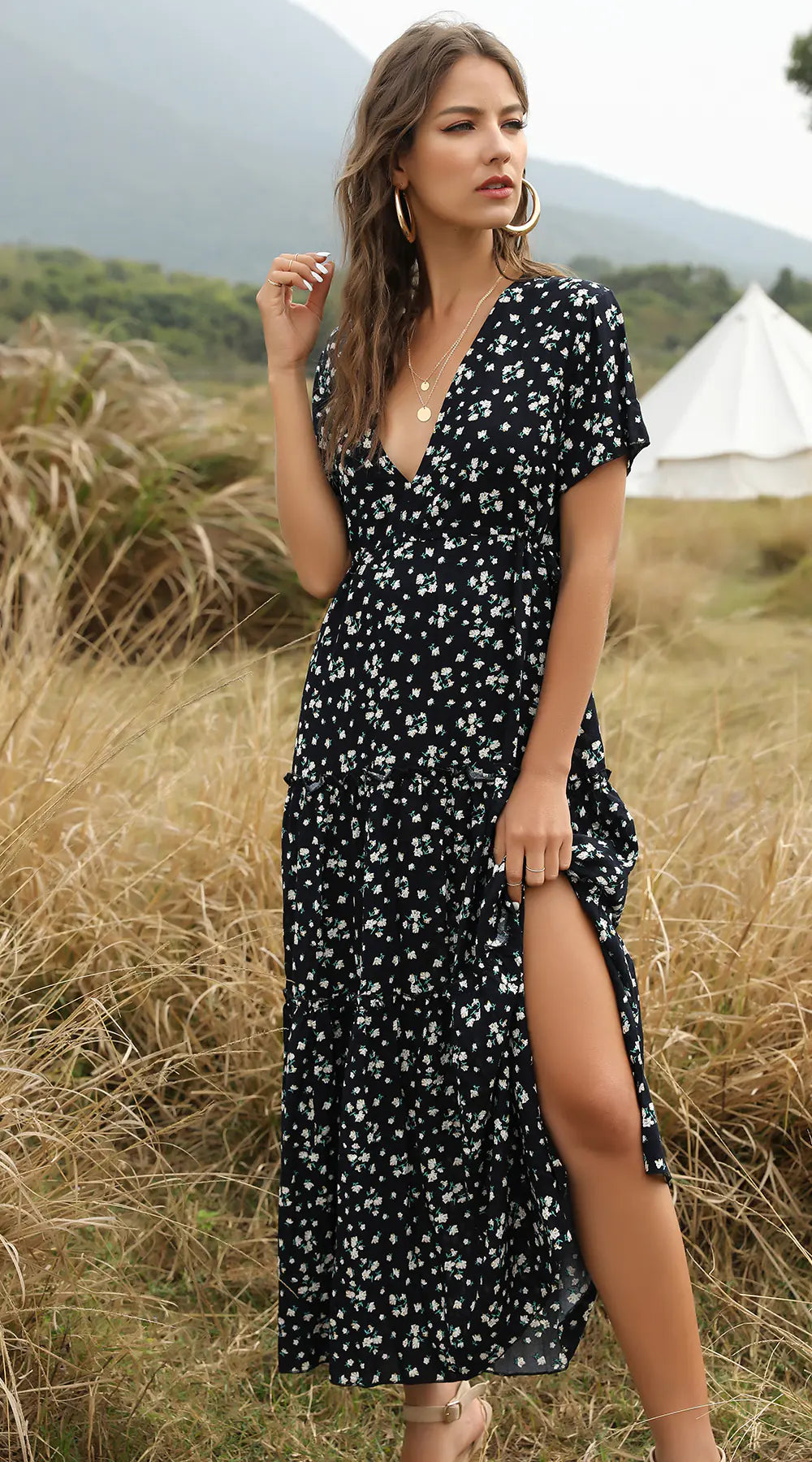 Ruffled Floral Maxi Dress with V-Neck