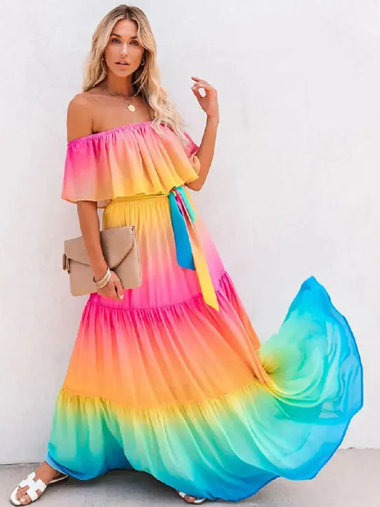 Multicolored Bohemian Ruffled Off Shoulder