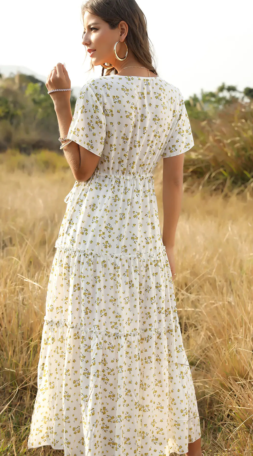 Ruffled Floral Maxi Dress with V-Neck