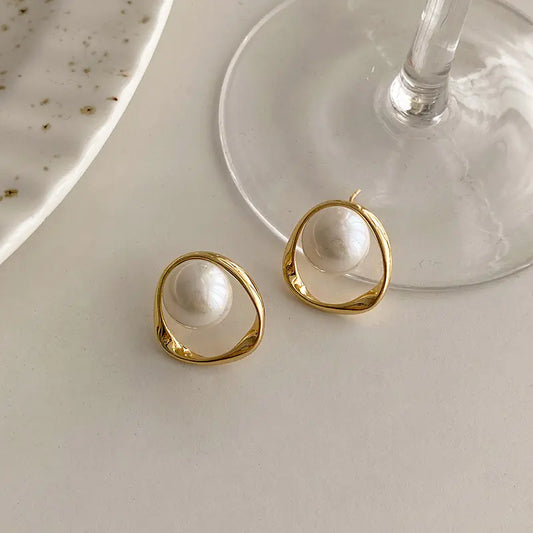 Silver Geometric Pearl Drop Earrings