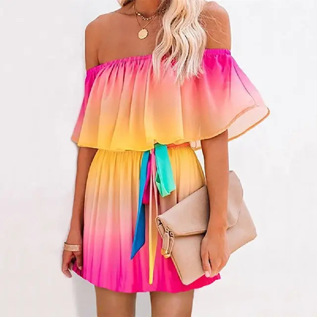 Multicolored Bohemian Ruffled Off Shoulder