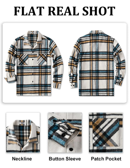 COOFANDY Men's Flannel Shirts Casual Button Down Plaid Shirt Jacket Long Sleeve Fleece Shacket with Pockets White Blue XX-Large