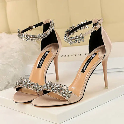 High Heel Satin Open Toe Rhinestone Shoes