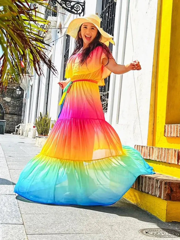 Multicolored Bohemian Ruffled Off Shoulder