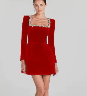 Chloe™ Elegant Long Sleeve Dress with Rhinestones