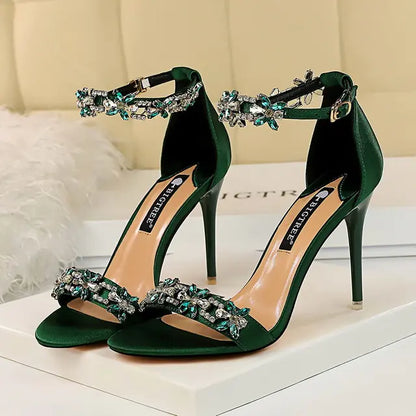 High Heel Satin Open Toe Rhinestone Shoes