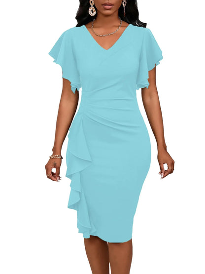 Elegant V-Neck Ruffle Sleeve Pencil Dress