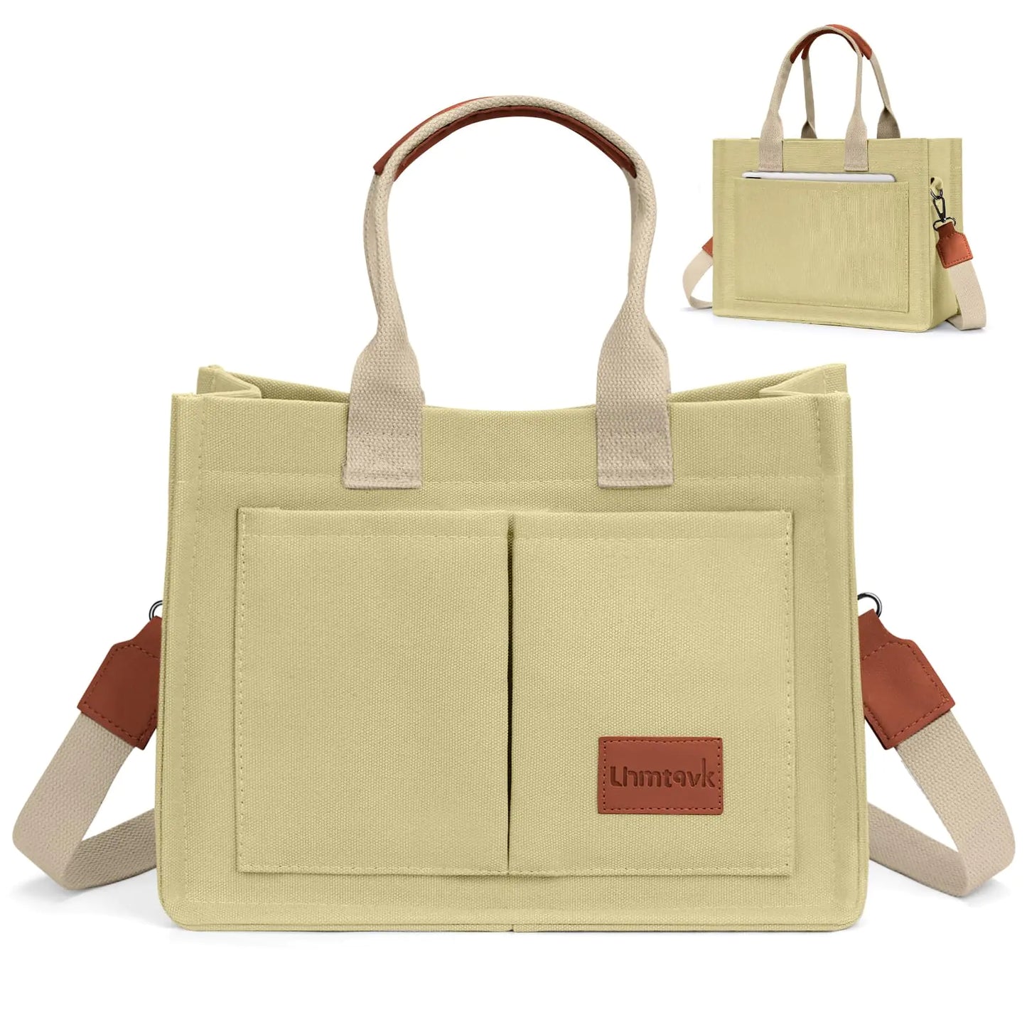 Khaki Canvas Tote for Women - Crossbody with Pockets