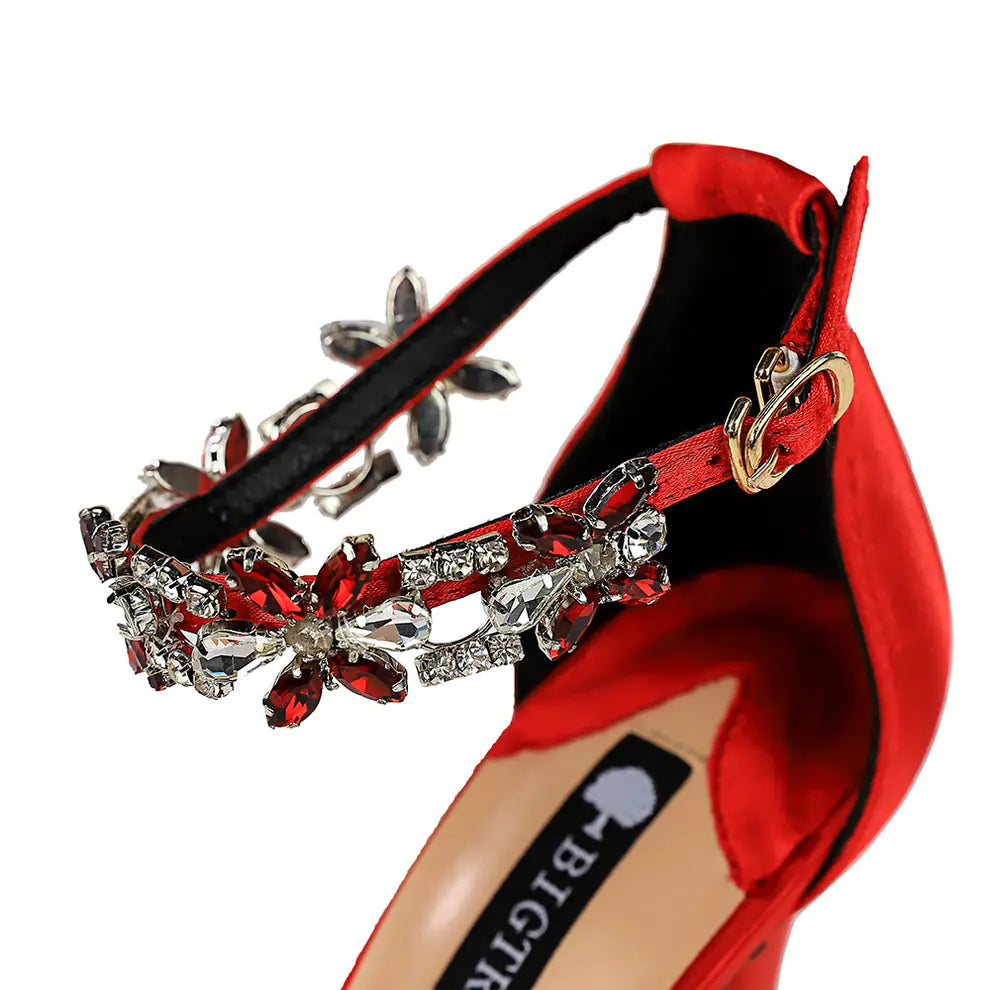High Heel Satin Open Toe Rhinestone Shoes