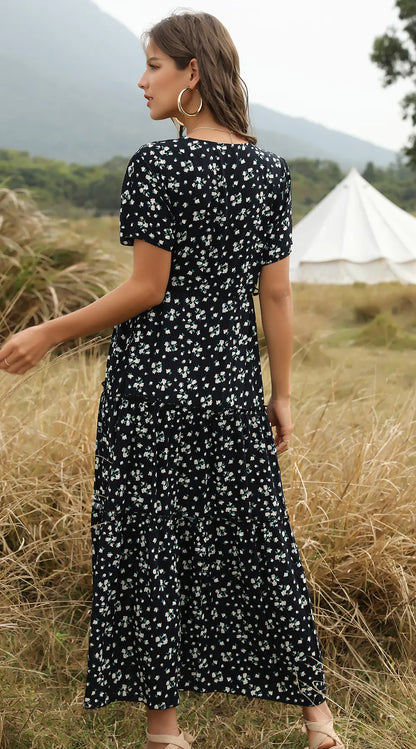 Ruffled Floral Maxi Dress with V-Neck