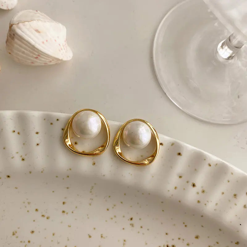Silver Geometric Pearl Drop Earrings