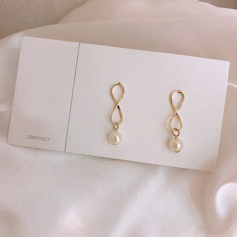 Silver Pearl Geometric Stud Earrings