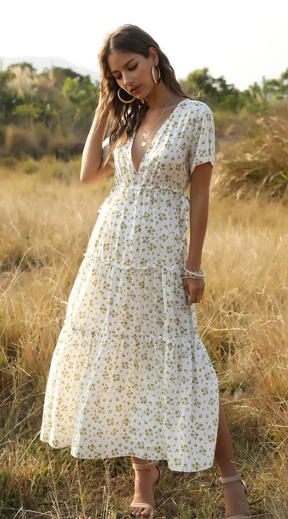 Ruffled Floral Maxi Dress with V-Neck