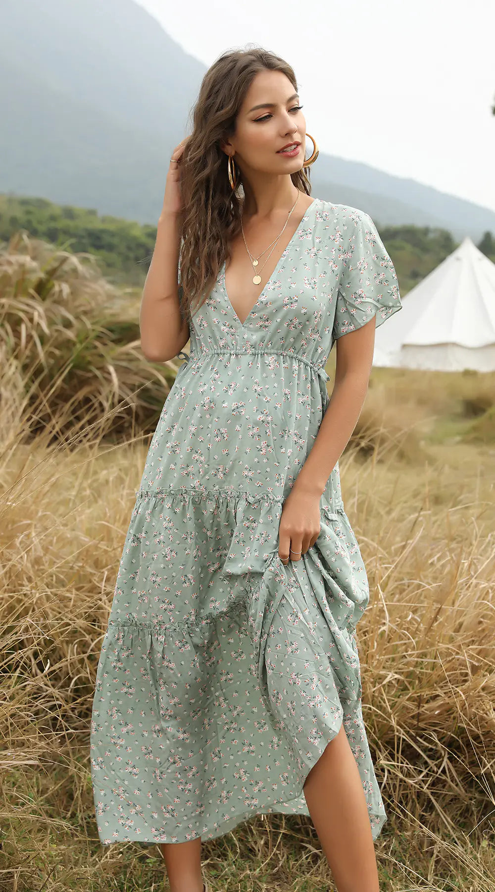 Ruffled Floral Maxi Dress with V-Neck