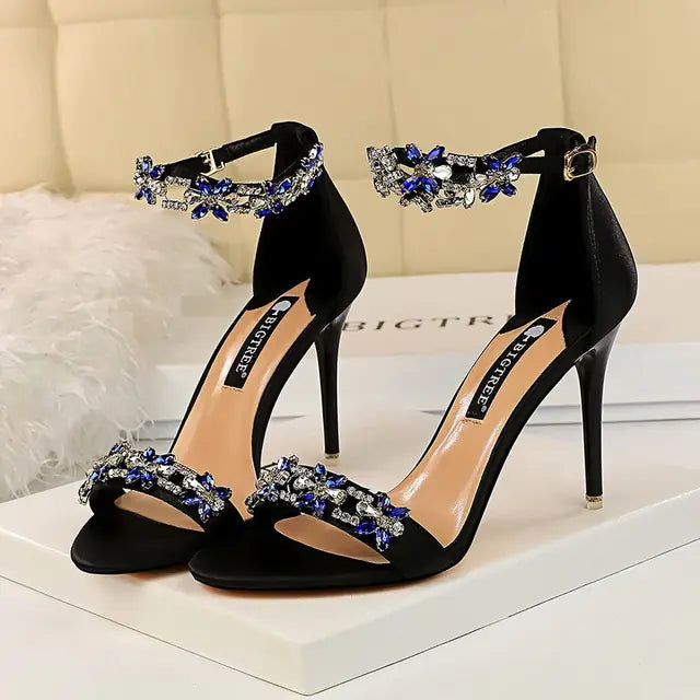 High Heel Satin Open Toe Rhinestone Shoes