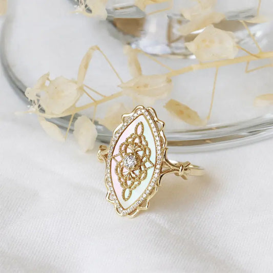 Silver Inlay Natural Shell Zircon Ring