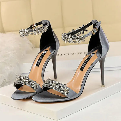 High Heel Satin Open Toe Rhinestone Shoes