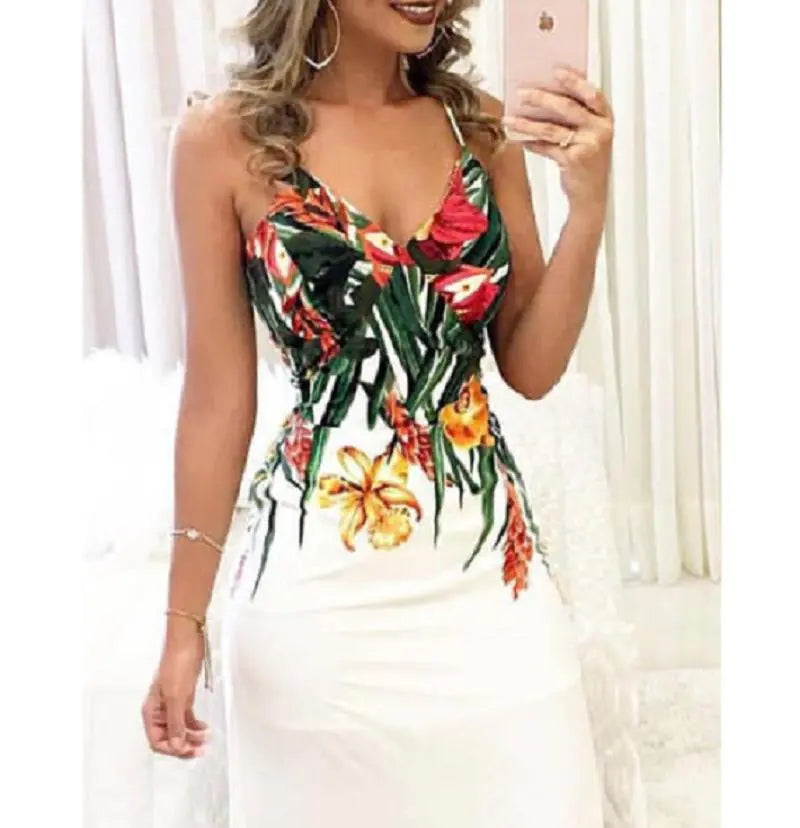 Spaghetti Straps Floral V-Neck Maxi Dress
