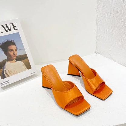 Silk Triangle Heel Square-Toe Pumps