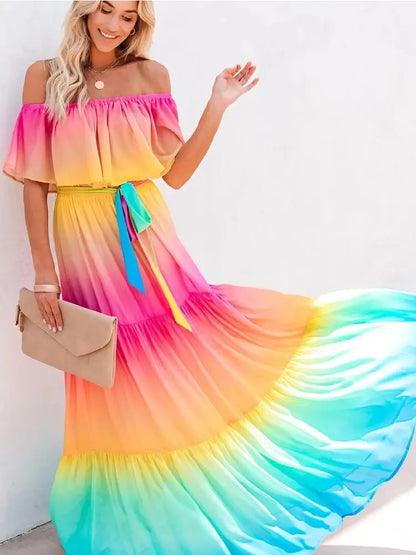 Multicolored Bohemian Ruffled Off Shoulder