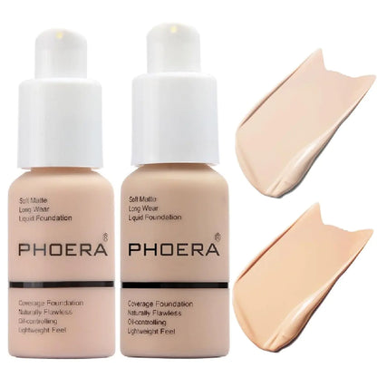 2 Pack PHOERA Foundation 101- Porcelain and 102- Nude, Flawless Soft Matte Liquid Foundation 24 HR Oil Control Concealer Foundation Makeup 1 Ounce (Pack of 1) ﻿ 101 Porcelain and 102 Nud