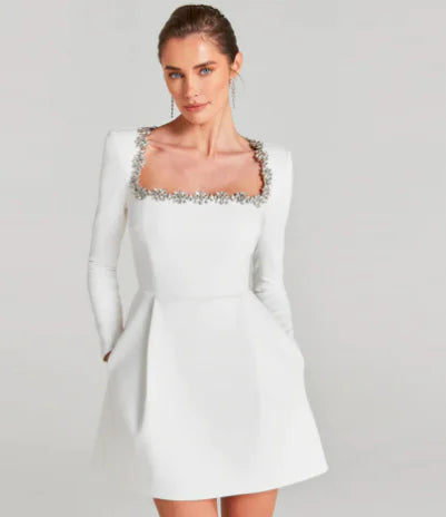 Chloe™ Elegant Long Sleeve Dress with Rhinestones