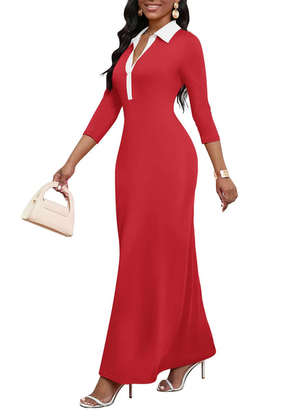 Elegant V-Neck Maxi Dress with 3/4 Sleeves for Women