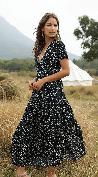 Ruffled Floral Maxi Dress with V-Neck