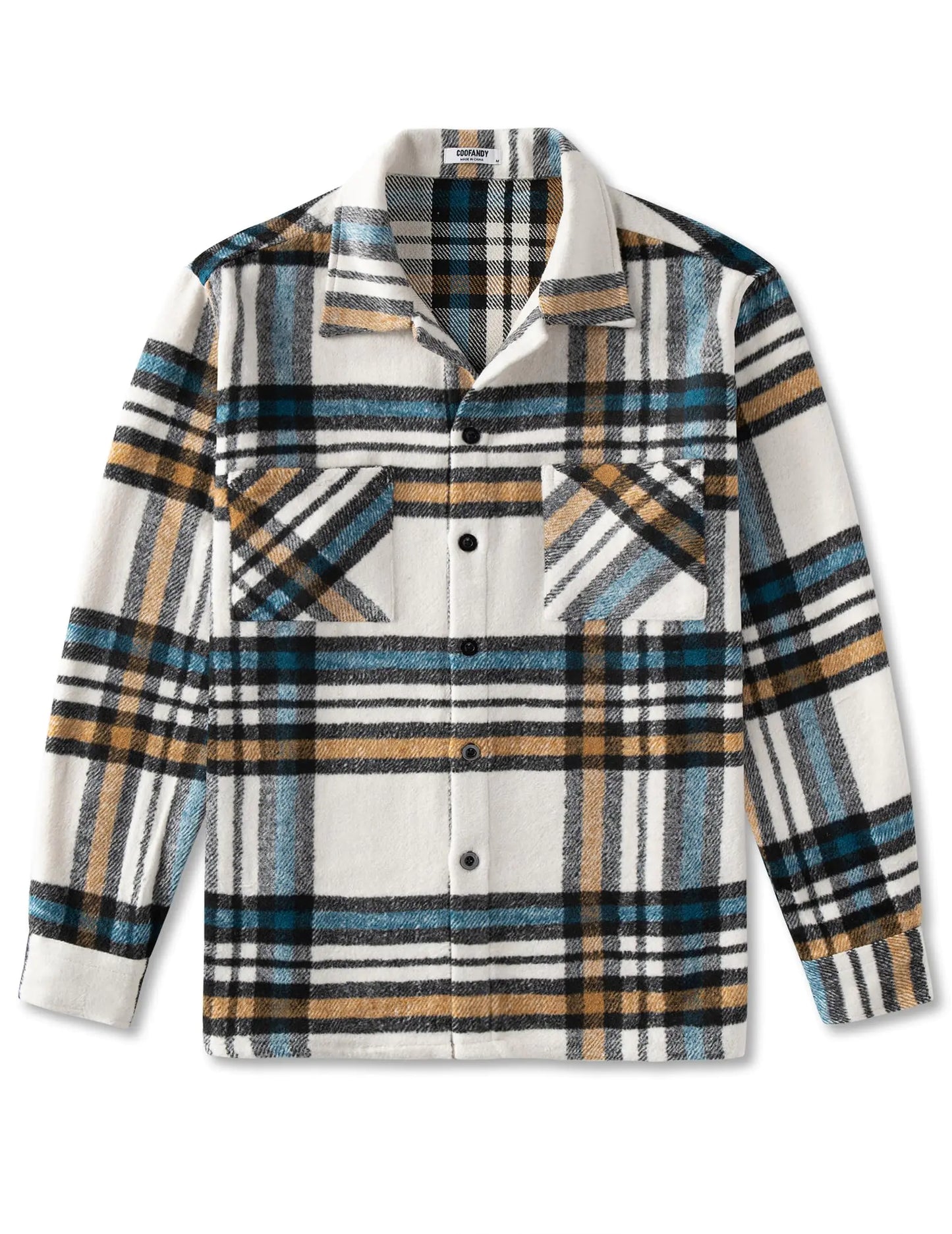 COOFANDY Men's Flannel Shirts Casual Button Down Plaid Shirt Jacket Long Sleeve Fleece Shacket with Pockets White Blue XX-Large
