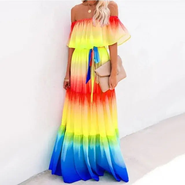 Multicolored Bohemian Ruffled Off Shoulder