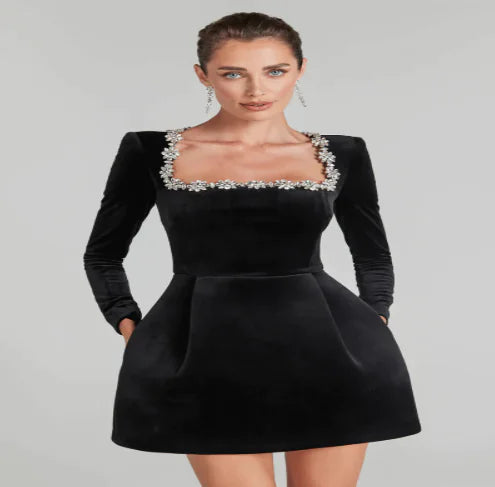 Chloe™ Elegant Long Sleeve Dress with Rhinestones
