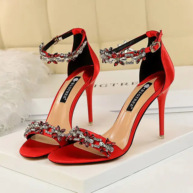 High Heel Satin Open Toe Rhinestone Shoes