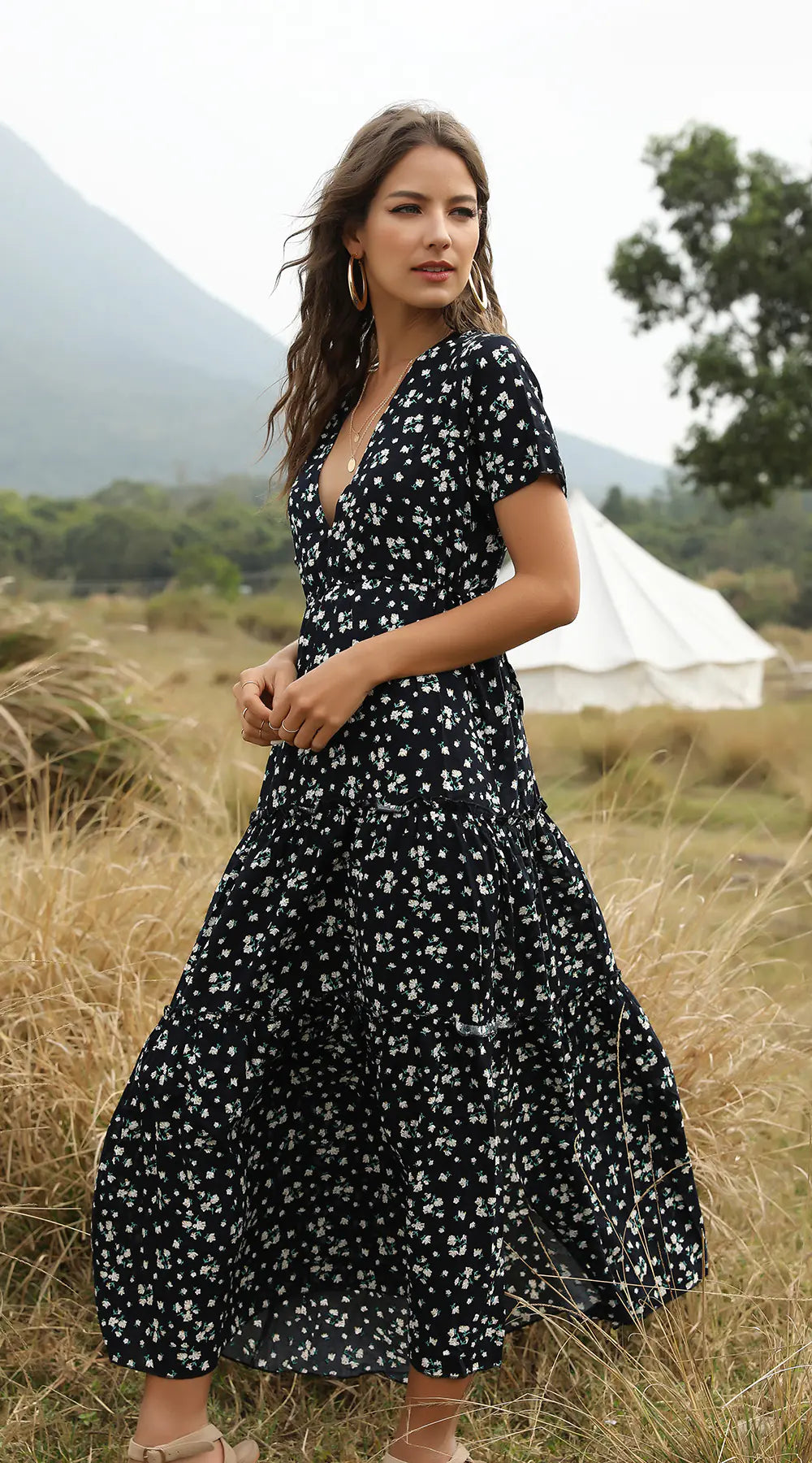 Ruffled Floral Maxi Dress with V-Neck